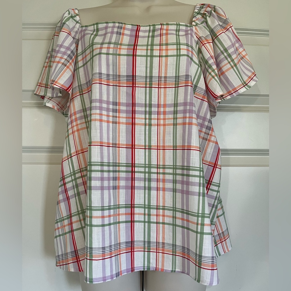 NWOT Ann Taylor Plaid Pastels Blouse Size Large